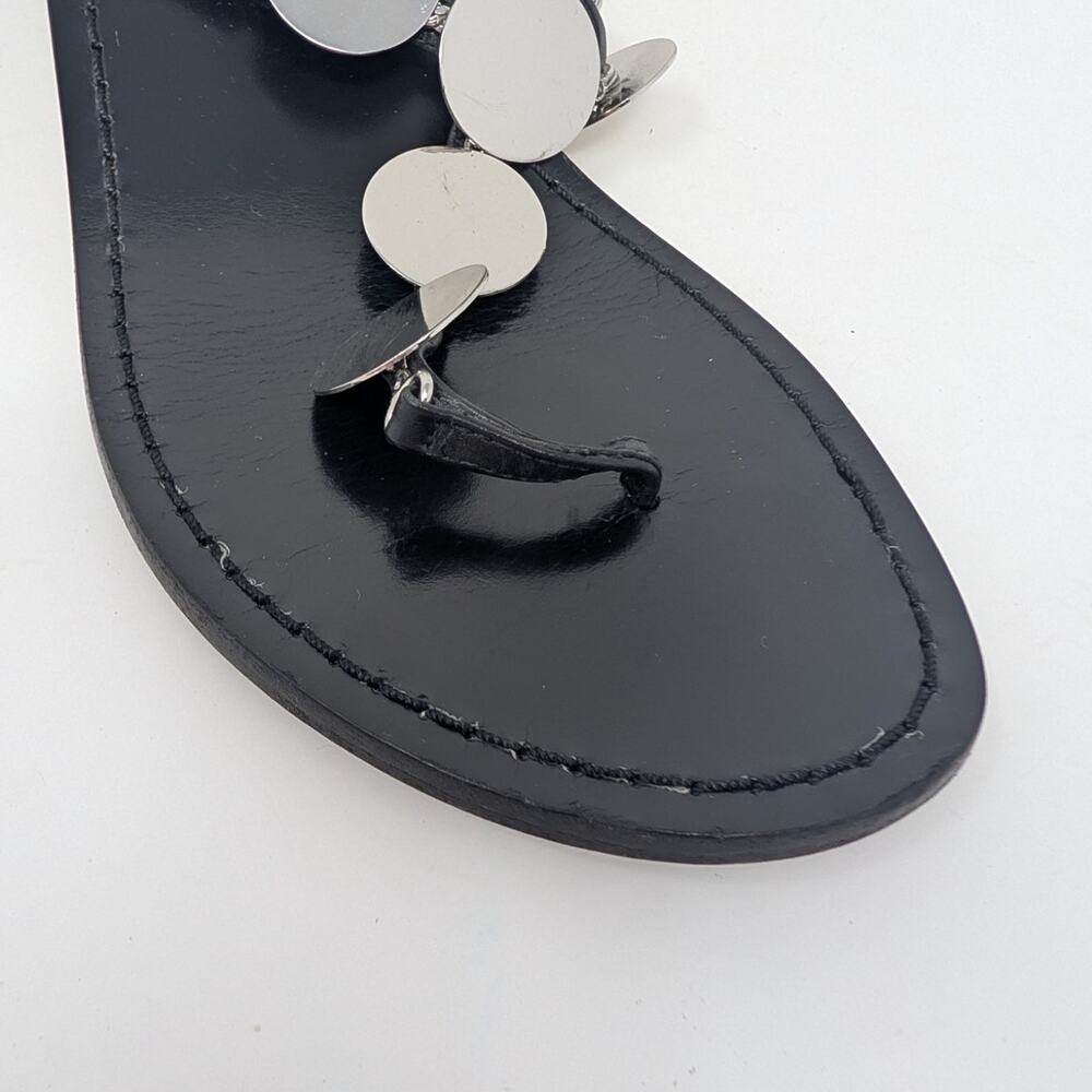 Tory Burch Black Leather Summer Sandals Silver Disc Heels Size 9 - Picture 10 of 16